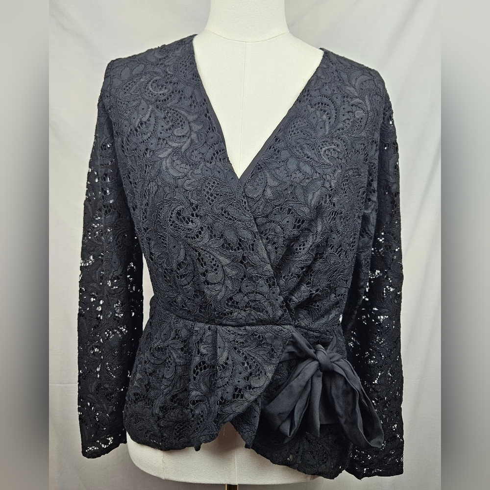 Express Faux Wrap Black Lace Blouse Sz L Whimsigoth Witchy Dark Romantic‎